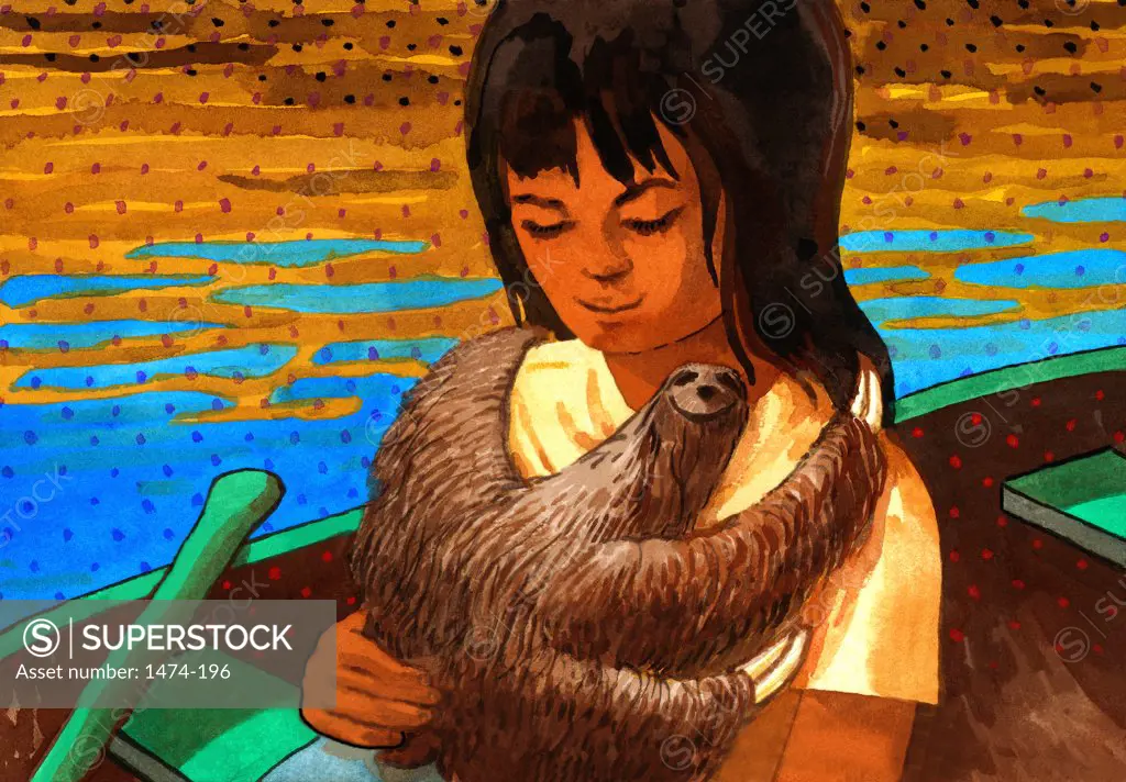 Girl with Pet Sloth, Amazon River  John Newcomb, Watercolor, 2003