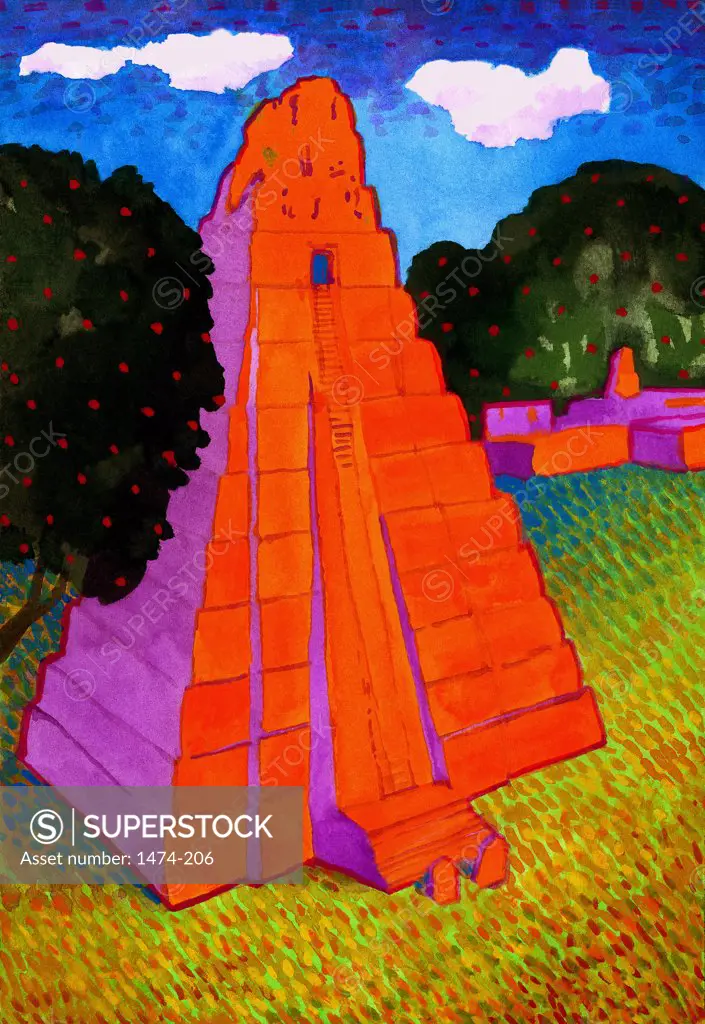 Temple of the Jaguar, Tikal  John Newcomb, Watercolor, 2004
