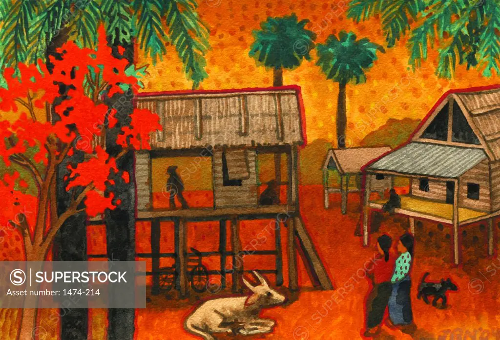 Cambodian Village  John Newcomb, Watercolor, 2004