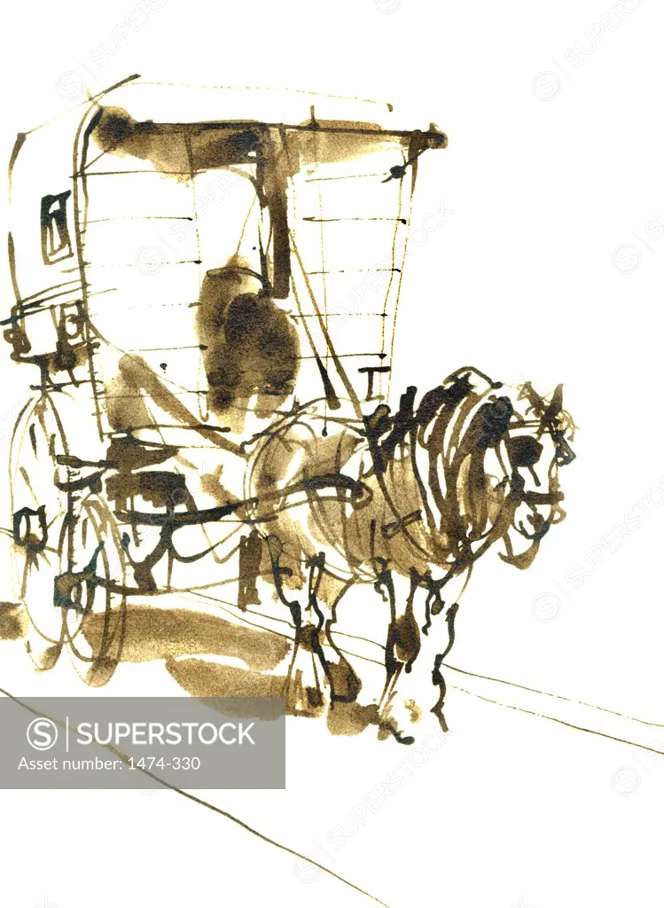 Gypsy Wagon, Whitechapel  John Newcomb, Ink drawing, 1961