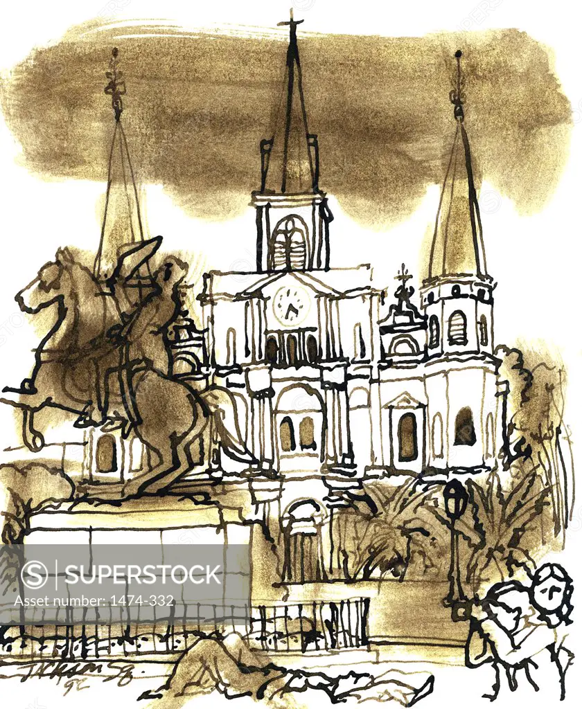Jackson Square, New Orleans  John Newcomb, Ink drawing, 1998
