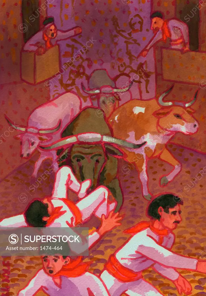Running of the Bulls, Pamplona  John Newcomb, Watercolor, 2012  