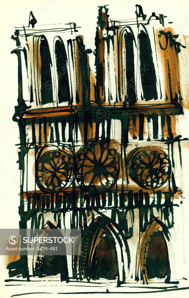 Notre Dame de Paris  John Newcomb, Ink drawing, 1966