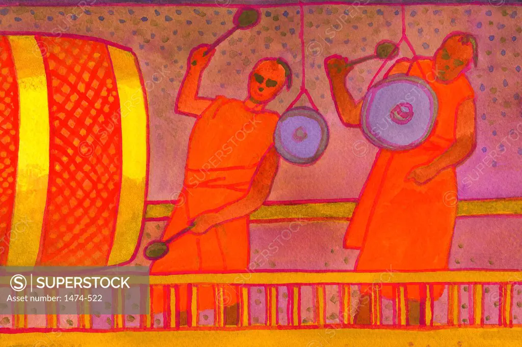 Buddhist Drummers, Laos  John Newcomb, Watercolor, 2014