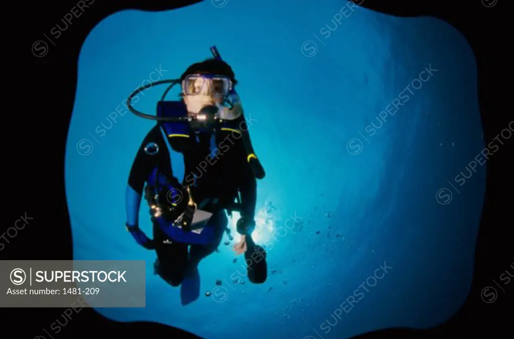 Low angle view of a scuba diver underwater