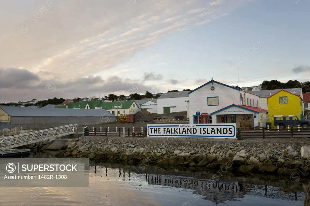 Welcome sign at the waterfront, Stanley, Falkland Islands, England