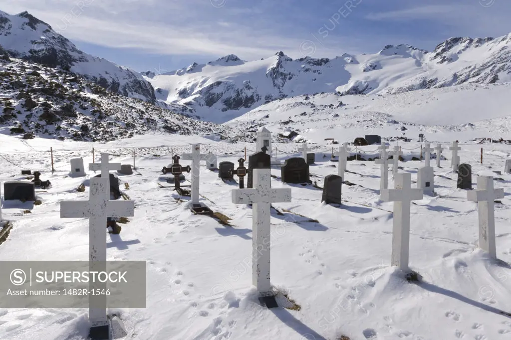 Tombstones in a snow covered cemetery, Leith Harbour, South Georgia Island, South Sandwich Islands