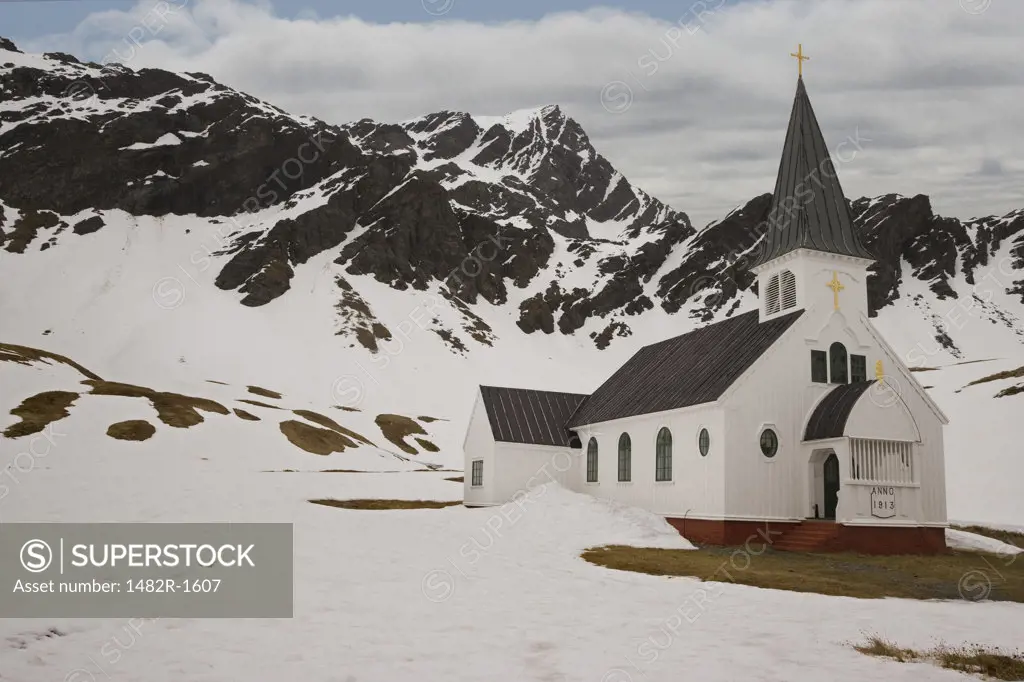 Church on a snow covered landscape, Grytviken, South Georgia Island, South Sandwich Islands