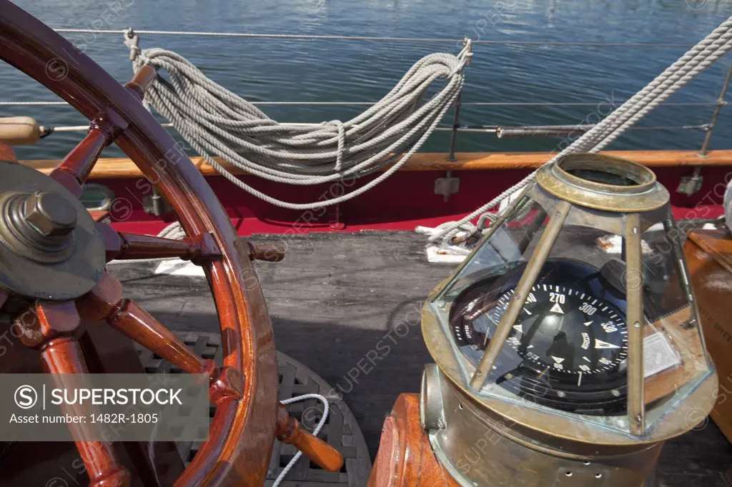 Historic schooner, helm and compass