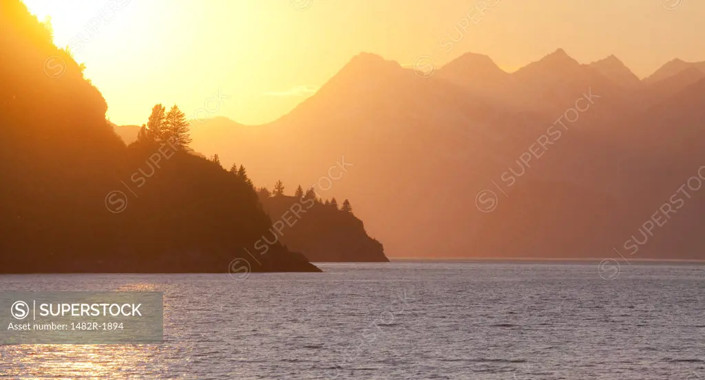 Mountains at sunset, Blue Mouse Cove, Glacier Bay National Park, Alaska, USA