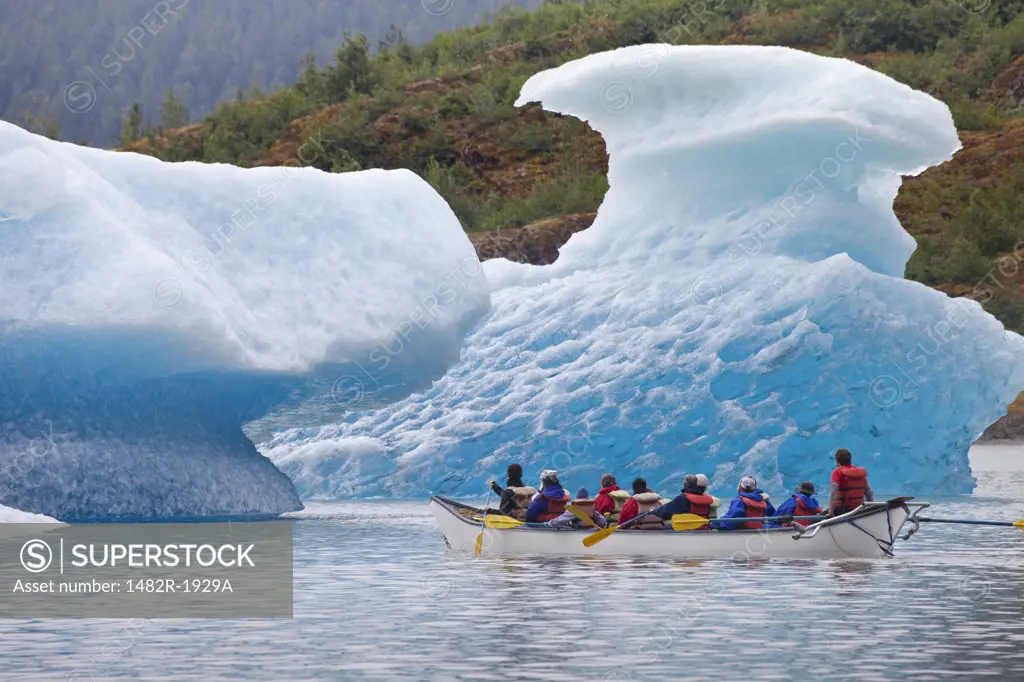 Tourists rafting at a lake, Mendenhall Lake, Mendenhall Valley, Mendenhall Glacier, Juneau, Alaska, USA