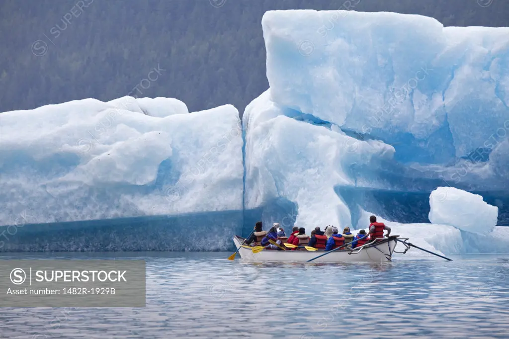 Tourists rafting at a lake, Mendenhall Lake, Mendenhall Valley, Mendenhall Glacier, Juneau, Alaska, USA