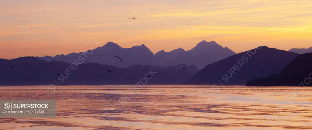 Mountains at dusk, Icy Strait, Fairweather Range, Alaska, USA