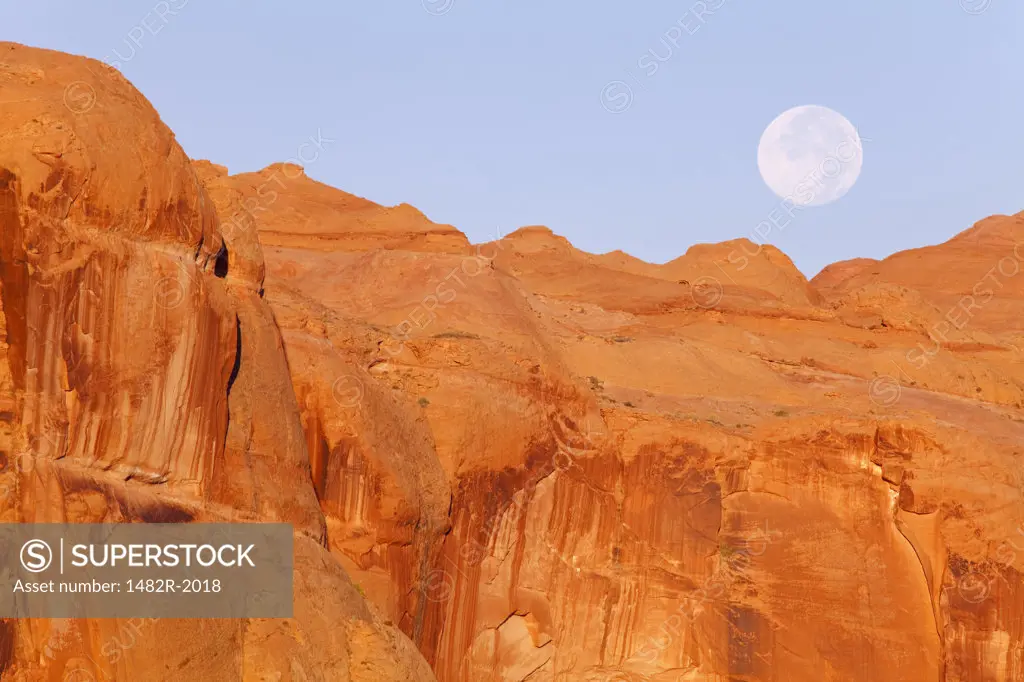 Moon over cliffs, Cottonwood Canyon, Glen Canyon National Recreation Area, Utah, USA