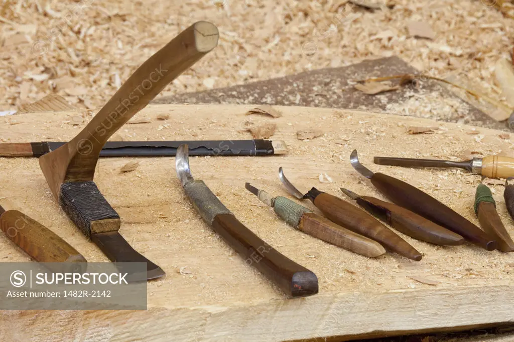 Close-up of work tools, Potlatch Totem Park, Ketchikan, Alaska, USA
