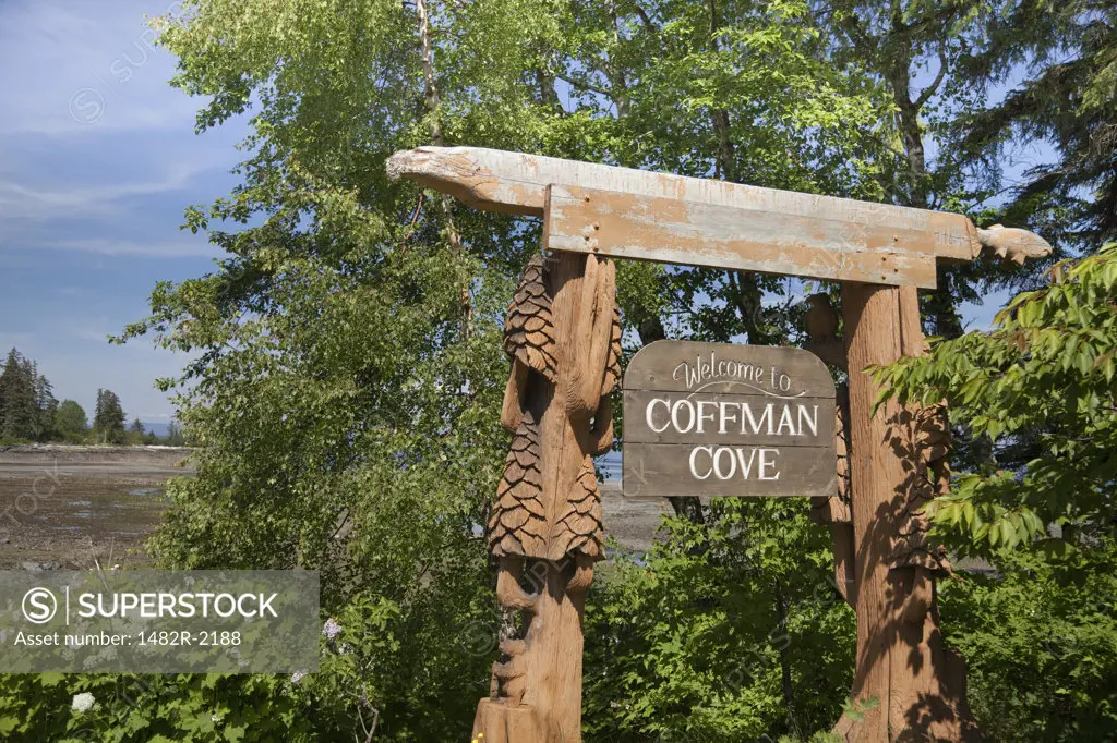 Welcome sign, Coffman Cove, Prince Of Wales Island, Alaska, USA