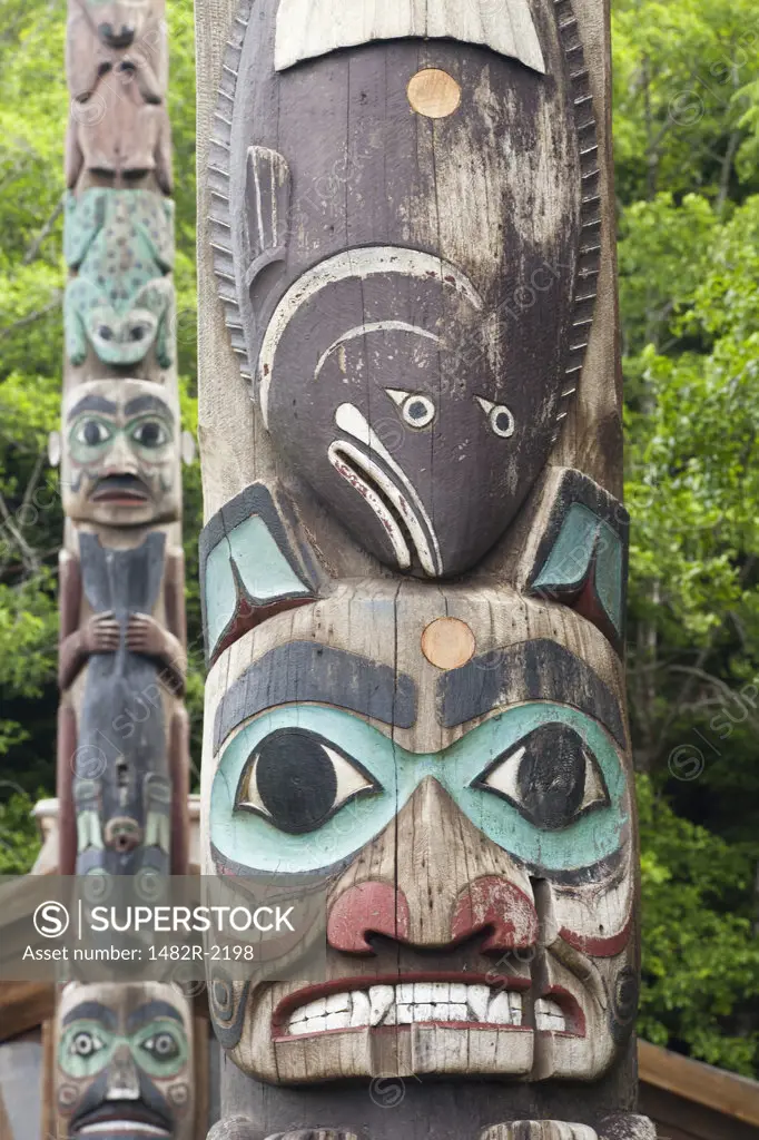 Close-up of a totem pole, Totem Bight State Historical Park, Ketchikan, Alaska, USA