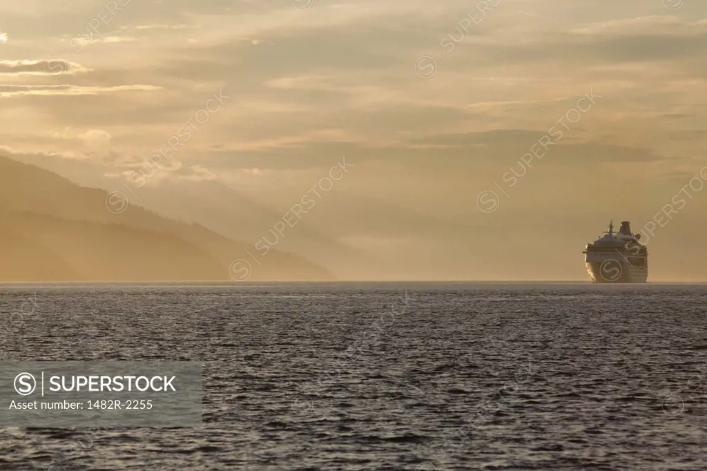 Cruise ship in a channel, Johnstone Strait, British Columbia, Canada