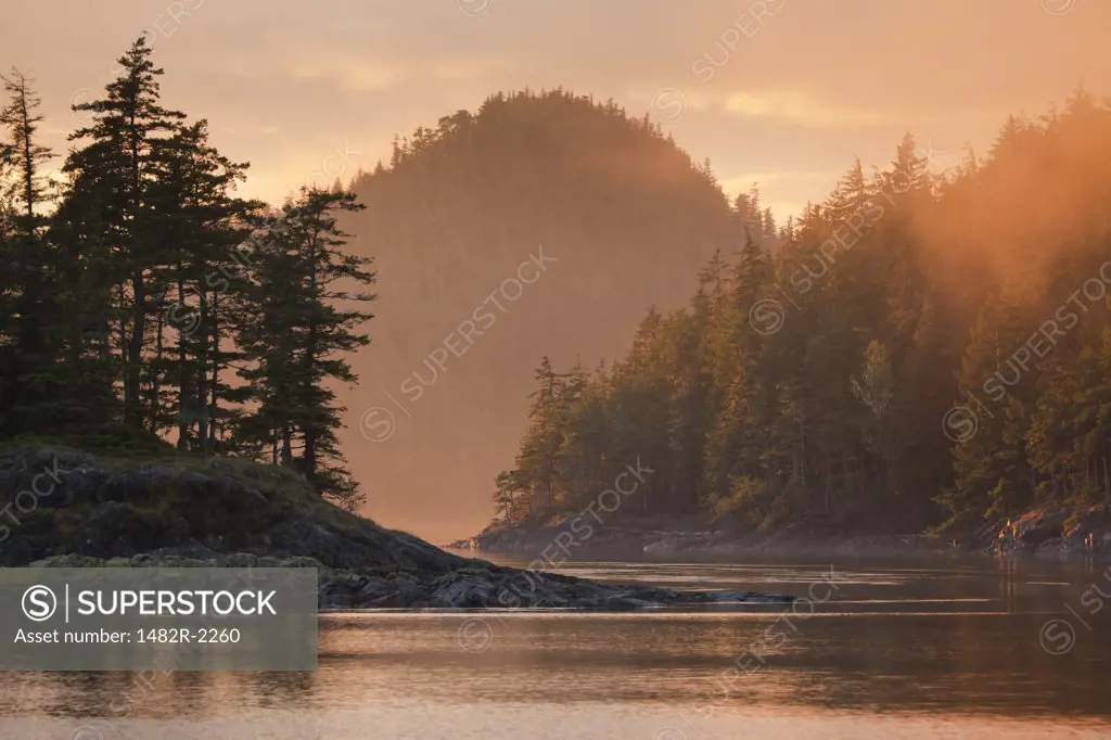 Strait with islands in the background, Broughton Island, Village Island, British Columbia, Canada
