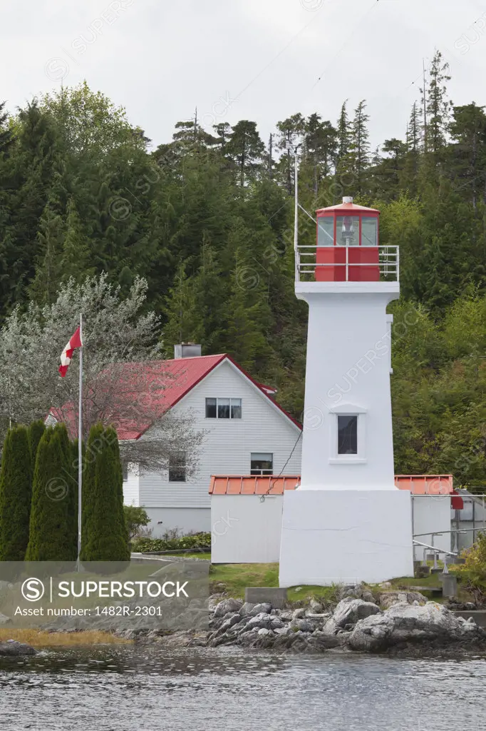 Lighthouse on the coast, Dryad Point Lighthouse, Ivory Island, Bella Bella, British Columbia, Canada