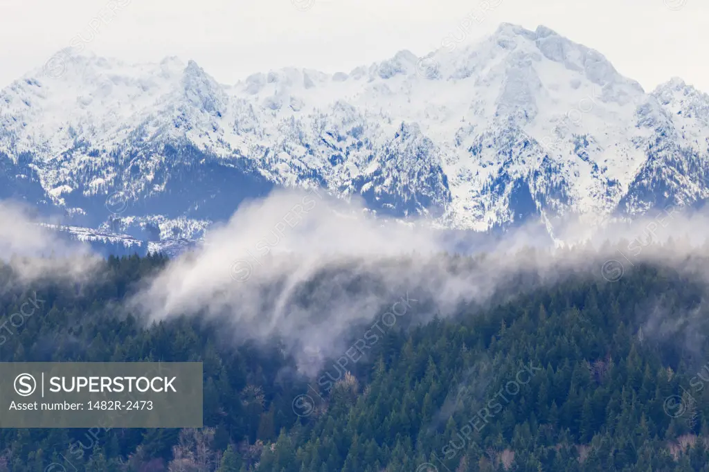 Snowcapped mountain range, Alderbrook Inn, Olympic Mountains, Hood Canal, Seabeck, Kitsap County, Washington State, USA