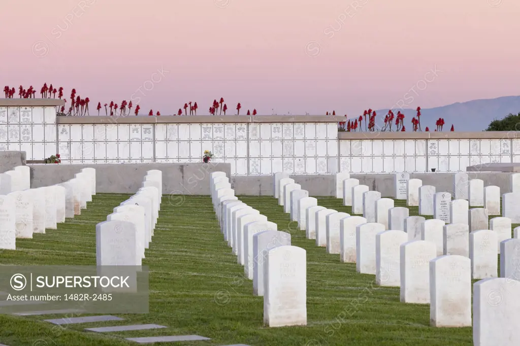 Cemetery at dusk, Fort Rosecrans National Cemetery, Point Loma, California, USA