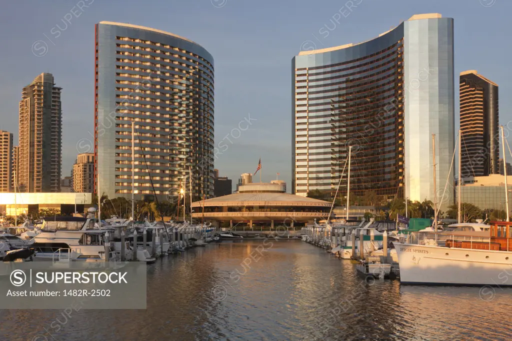 Buildings at waterfront, San Diego Marriott Hotel And Marina, Seaport Village, San Diego, California, USA