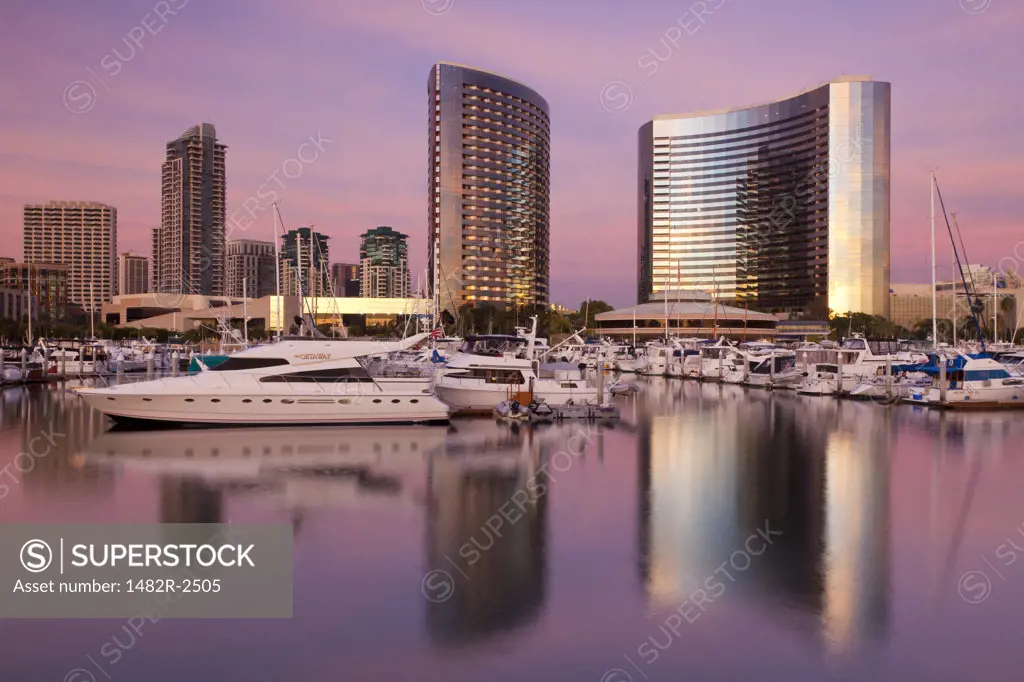 Buildings at waterfront, San Diego Marriott Hotel And Marina, Seaport Village, San Diego, California, USA