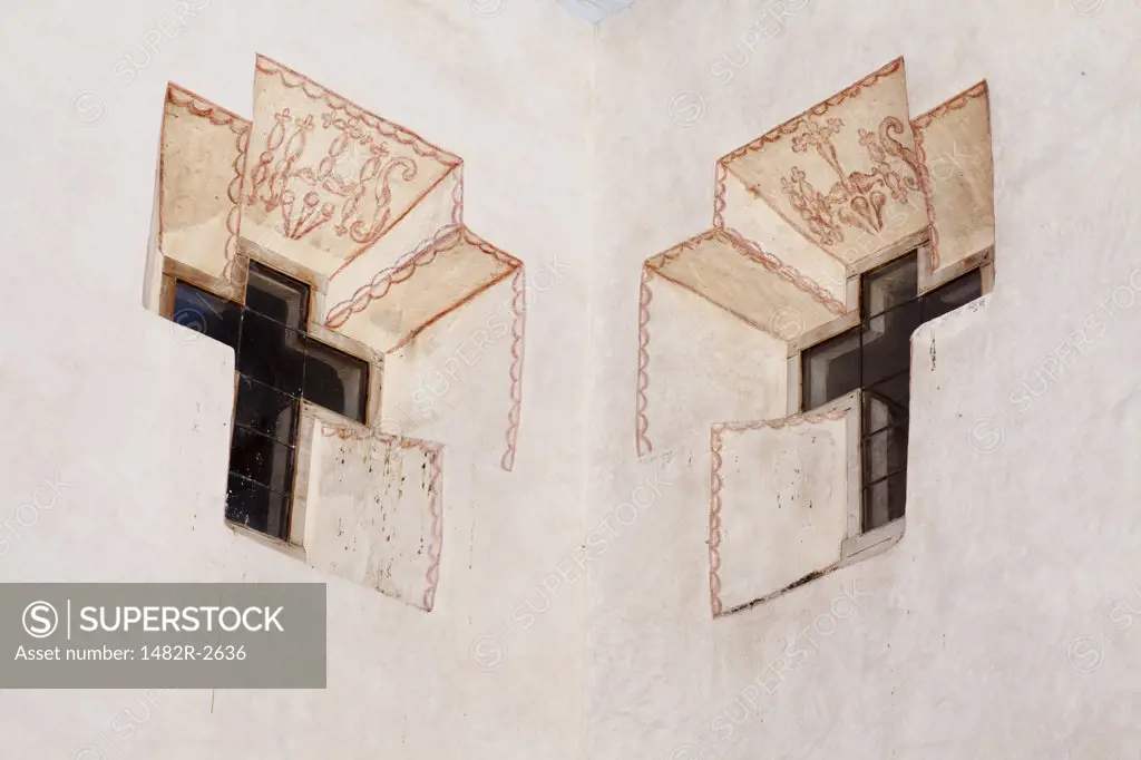 Mexico, Guanajuato, Atotonilco, Sanctuary of Jesus Nazarene exterior, detail wit cross-shaped windows