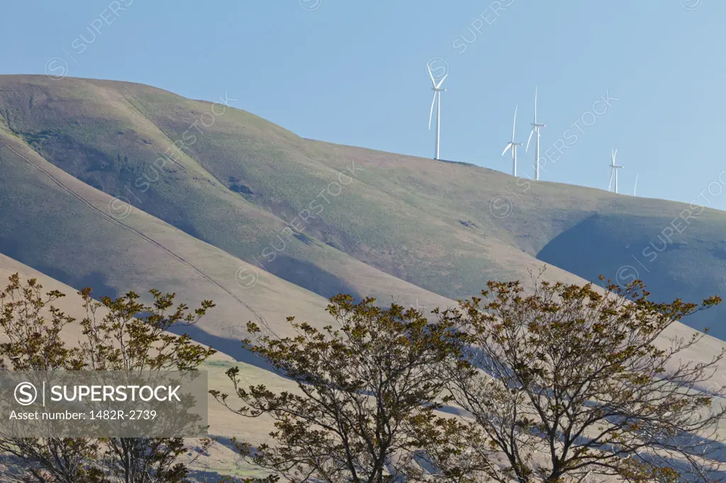 USA, Oregon, Deschutes River State Park, Low angle view of wind turbines