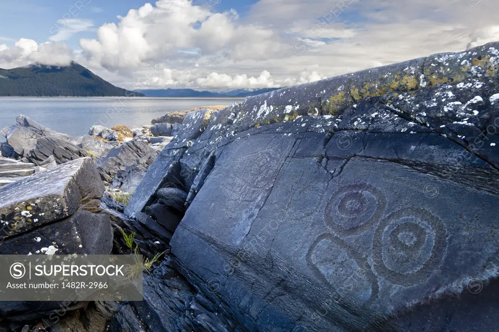 USA, Alaska, Wrangell, Petroglyph representing human face