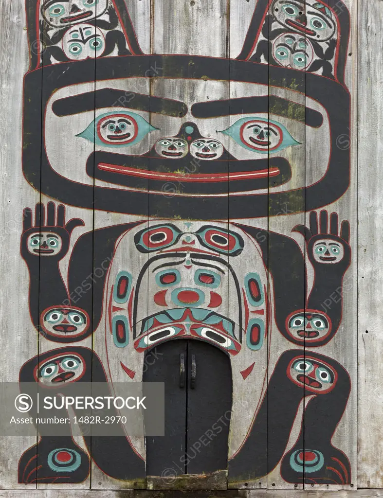 USA, Alaska, Wrangell, Chief Shakes Tribal House, Traditional painting on wall