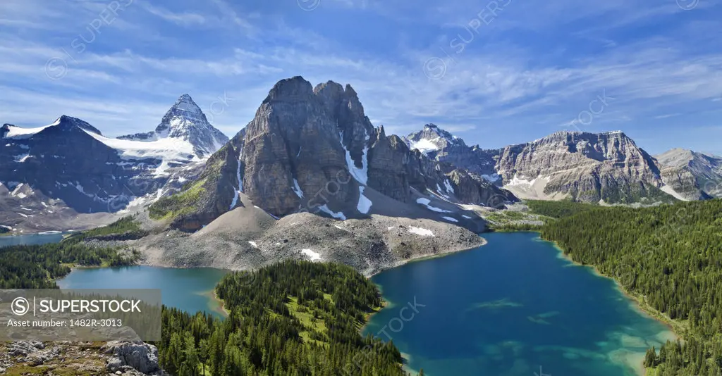 Canada, Mount Assiniboine Provincial Park, Wedgwood Peak and Cerulean Lake from Nublet
