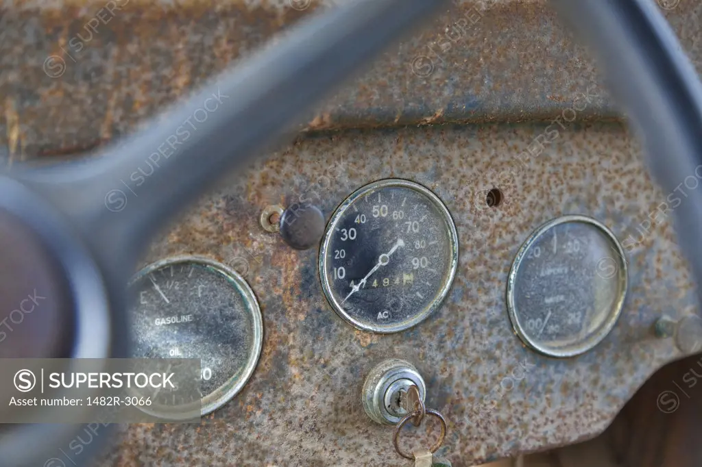 USA, Washington, Silverdale, Historic Petersen Farm, Antique Truck, Close-up of Oil Pressure Gauge and ignition key