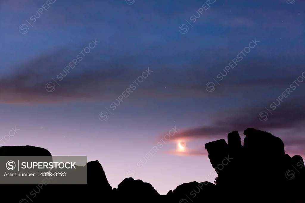 USA, California, Moon and Predawn sky, Alabama Hills, near Lone Pine