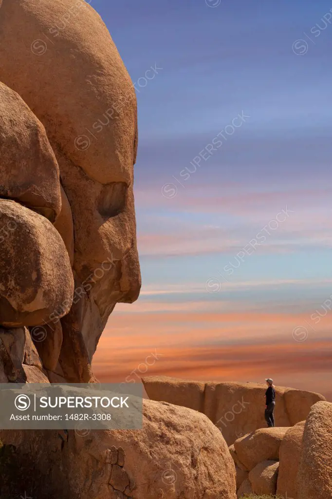USA, California, Joshua Tree National Park, Woman hiker viewing Face Rock