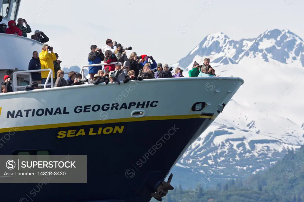 Tourists in a National Geographic Sea Lion cruise ship, Gloomy Knob, Glacier Bay National Park, Alaska, USA