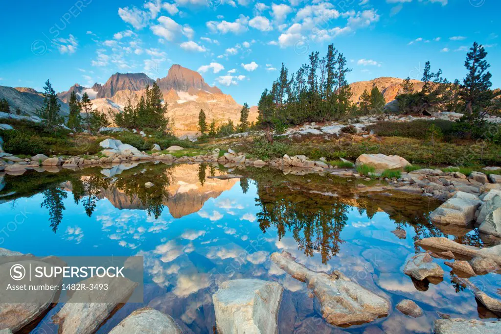 Reflection of mountains in a lake, Mt Ritter, Banner Peak, Garnet Lake, Ansel Adams Wilderness, Inyo National Forest, California, USA