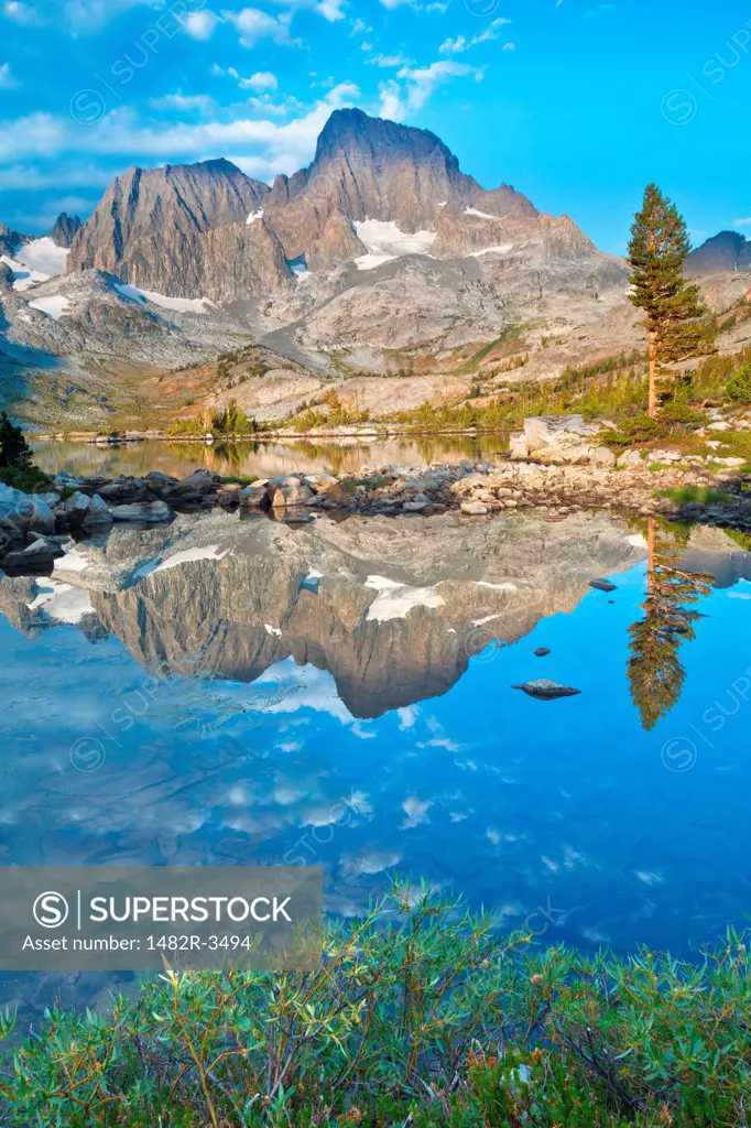 Reflection of mountains in a lake, Mt Ritter, Banner Peak, Garnet Lake, Ansel Adams Wilderness, Inyo National Forest, California, USA