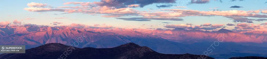 Mountain range at sunrise, Californian Sierra Nevada, Ancient Bristlecone Pine Forest, White Mountains Wilderness, Inyo National Forest, California, USA