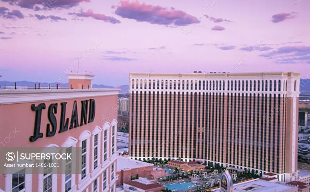 High angle view of hotels, Treasure Island Hotel, Venetian Hotel, Las Vegas, Nevada, USA