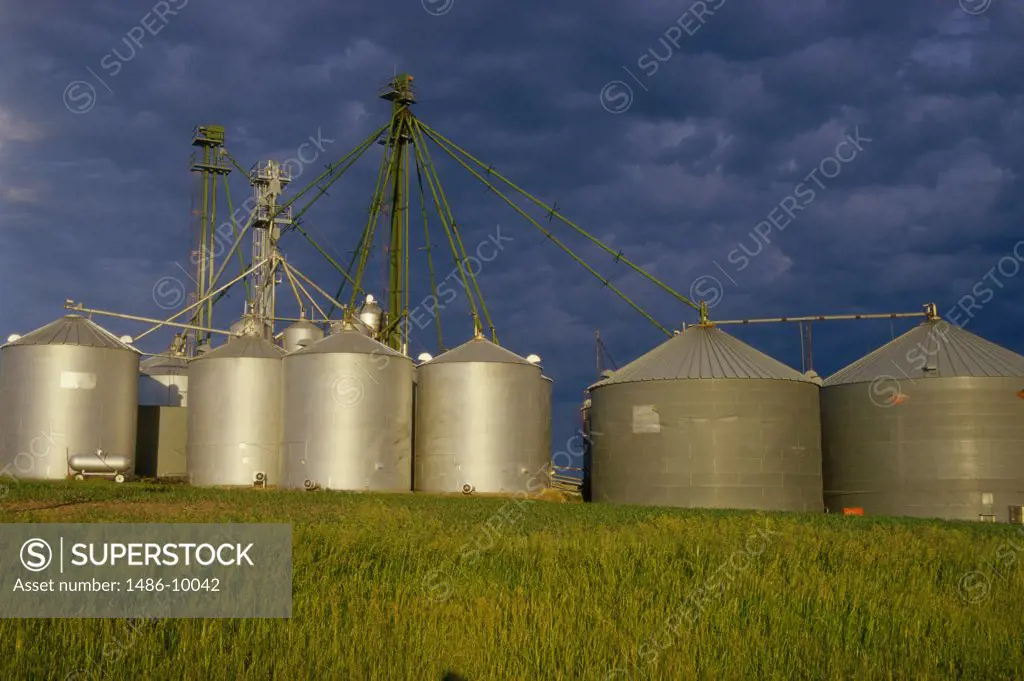 Grain elevators in a field, Nebraska, USA