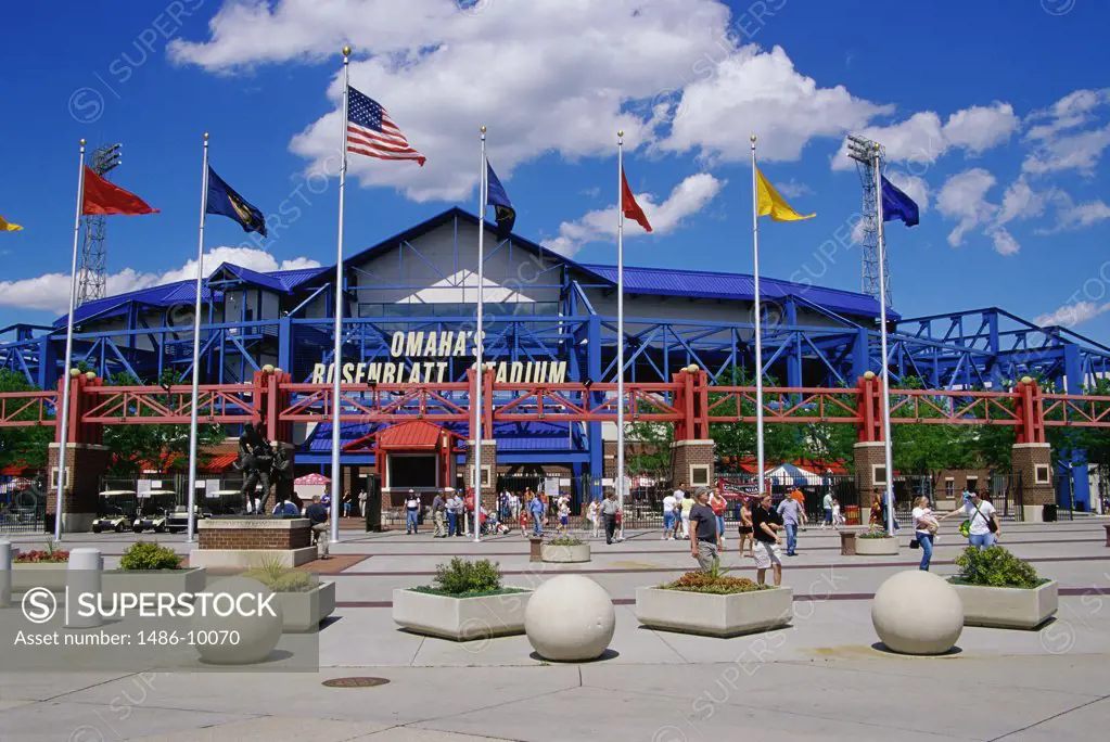 Flags in front of a stadium, Johnny Rosenblatt Stadium, Omaha, Nebraska, USA