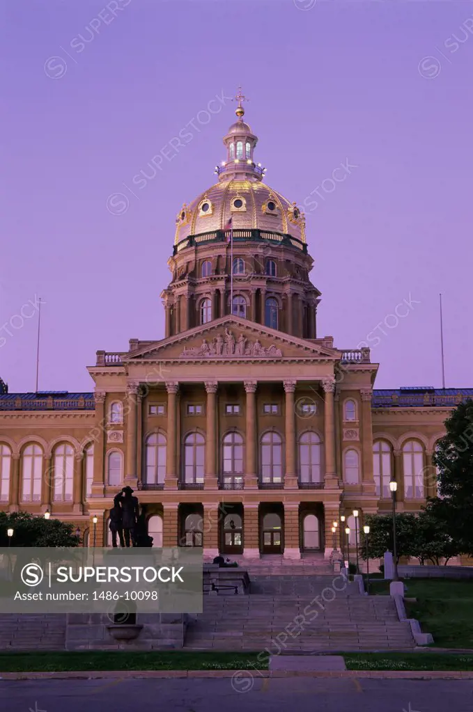 Facade of a government building at dusk, State Capitol, Des Moines, Iowa, USA