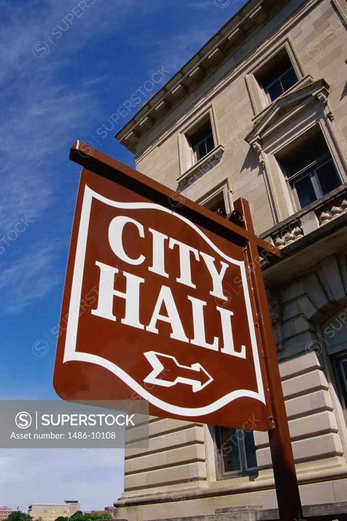 Low angle view of a sign in front of City Hall, Des Moines, Iowa, USA