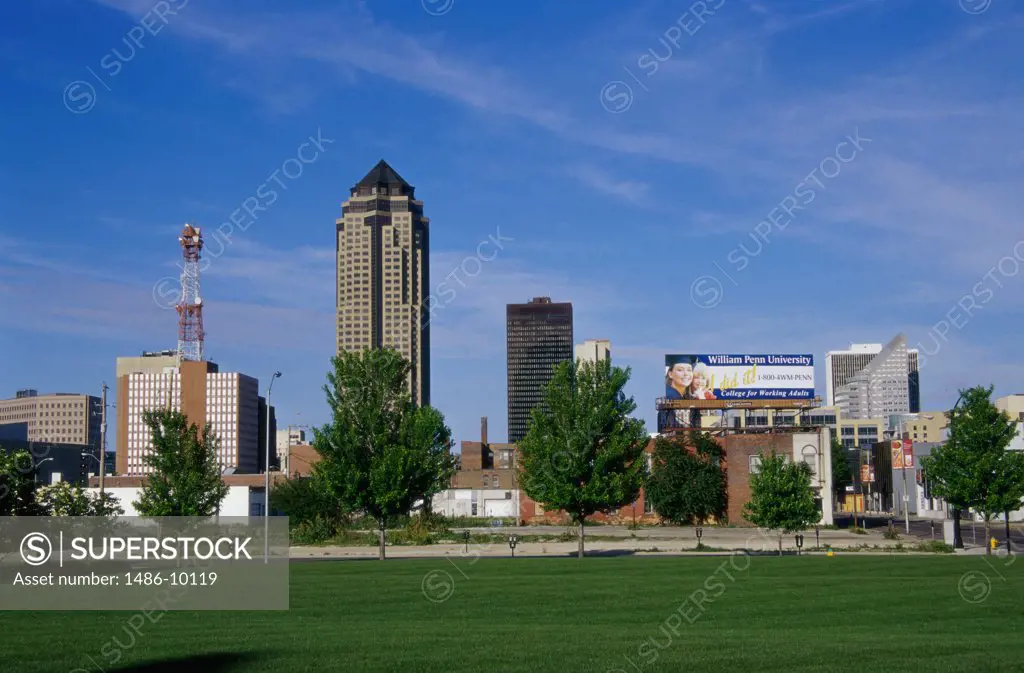 Park in front of buildings, Des Moines, Iowa, USA