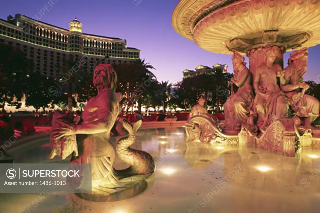 Fountain lit up at night, Paris Las Vegas, Las Vegas, Nevada, USA