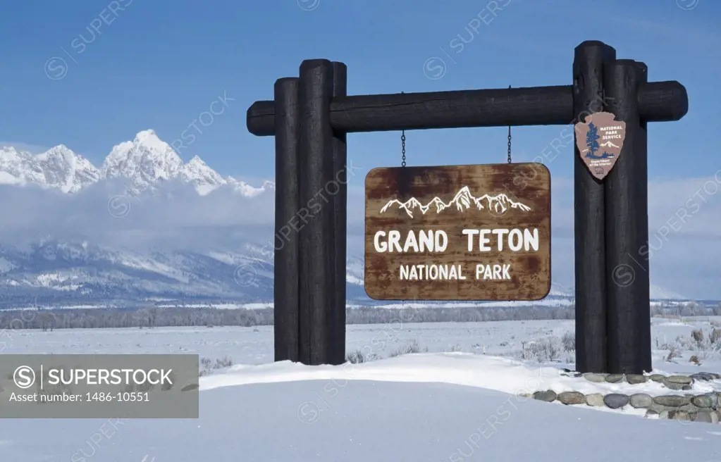 Sign hanging on a wooden framework, Grand Teton National Park, Wyoming, USA