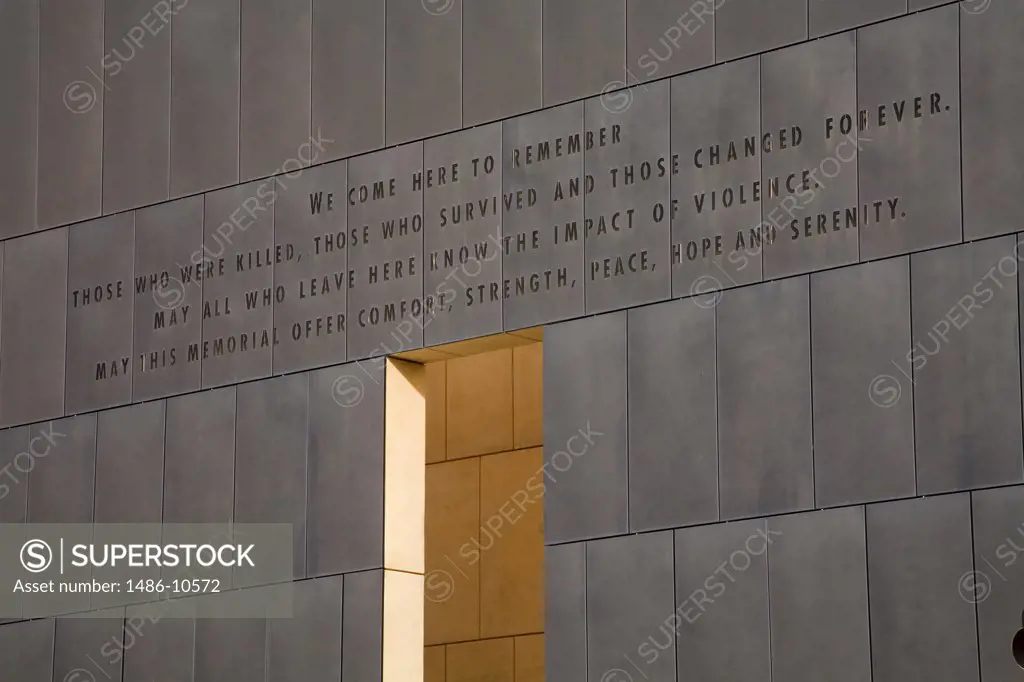 Text engraved on a wall of a memorial, Gate of Time, Oklahoma City National Memorial, Oklahoma City, Oklahoma, USA