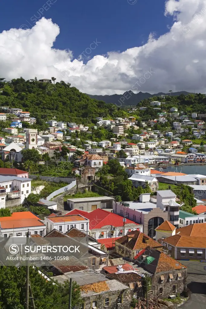 High angle view of a cityscape, St. George's, Grenada